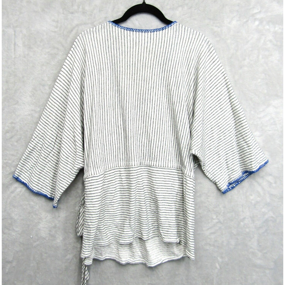 Sundance Wrap Top Womens Large White Gray Striped Belted Surplice Wide Sleeve - Picture 9 of 14